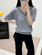 春夏时尚洋气多扣精纺羊毛钩花帽衫，女装针织衫/毛衣，艾米娇羊绒