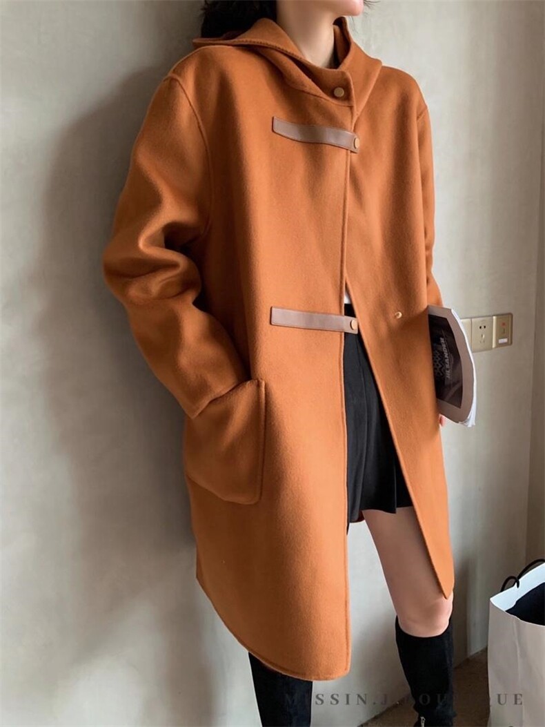 SLQ071洋气连帽双皮扣百分百全羊毛大衣,女装,L·H·X