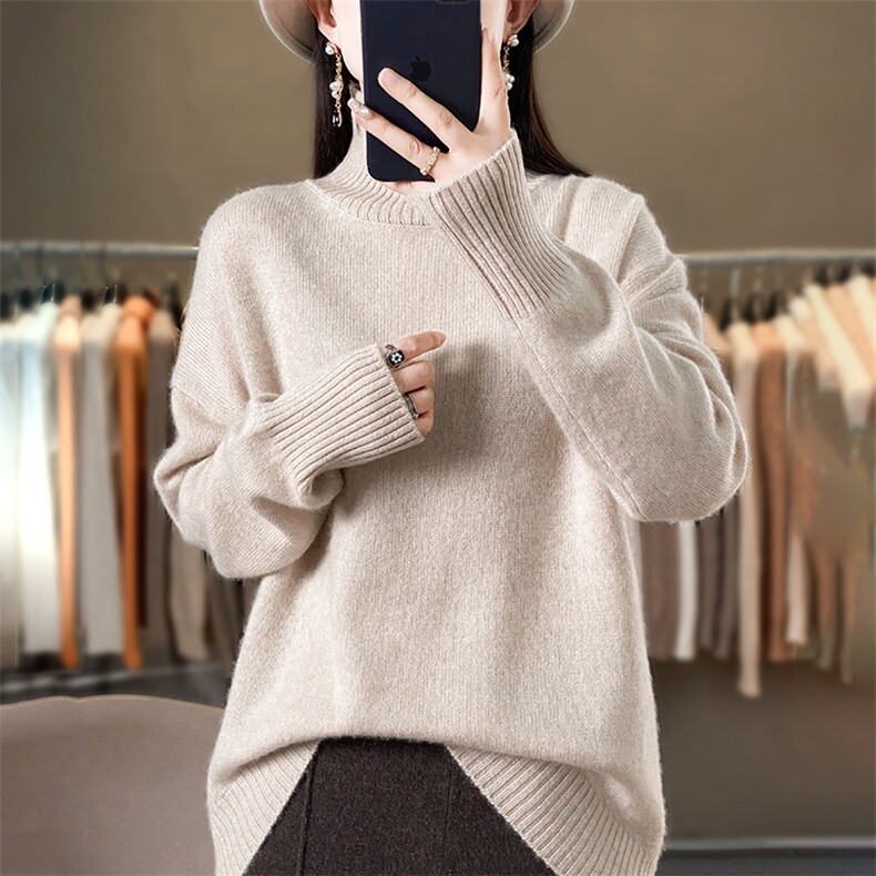 高翻领套头毛衣女纯色针织秋冬休闲加厚宽松保暖,针织衫/毛衣,解氏羊绒
