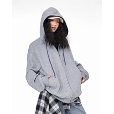 抖音得物二开美式高街重磅结构双层撞色连帽卫衣开衫外套W116，女装短外套，电商A486-1