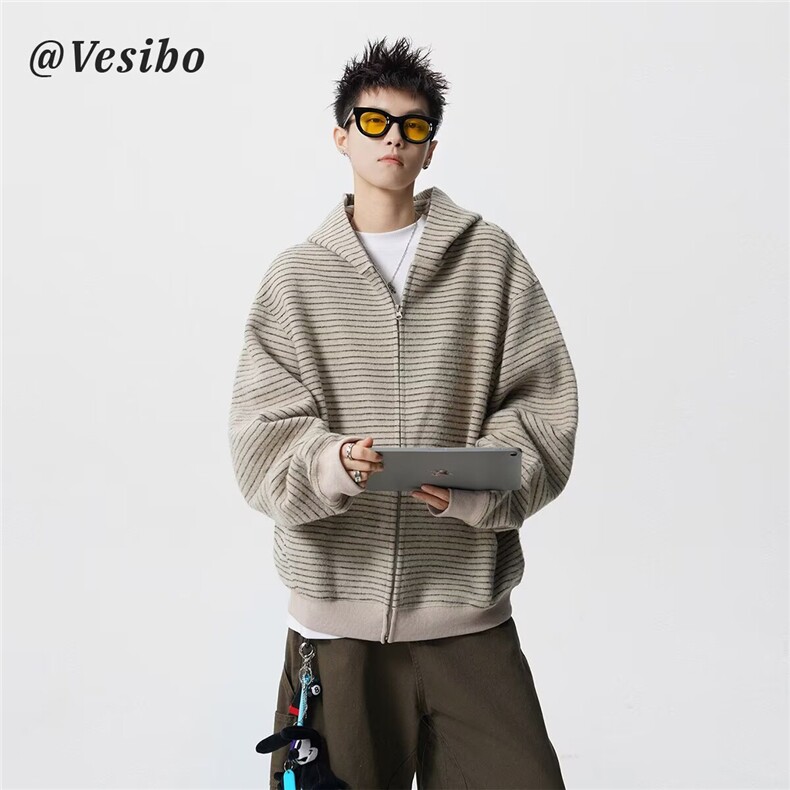 条纹绒感480克开衫连帽卫衣时尚简约流行潮原宿慵懒WY8002P80,男装卫衣,星座1013-5