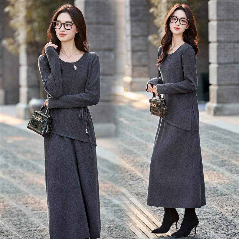 【现货】2025年秋季新款镂空不规则毛衣半身裙显瘦气质配腰绳，女装套装/套裙，辉煌依升