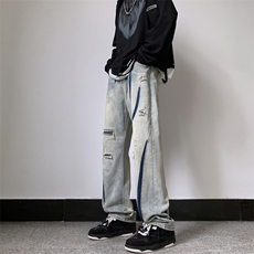 做旧水洗撞色高街大码街头牛仔裤男女宽松直筒长裤N0239-P45，男装牛仔裤，星座308B-1