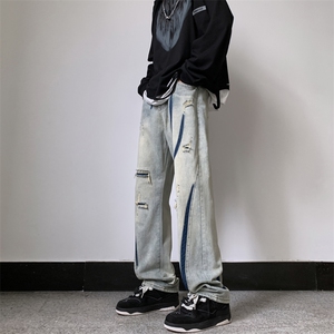 做旧水洗撞色高街大码街头牛仔裤男女宽松直筒长裤N0239-P45图片
