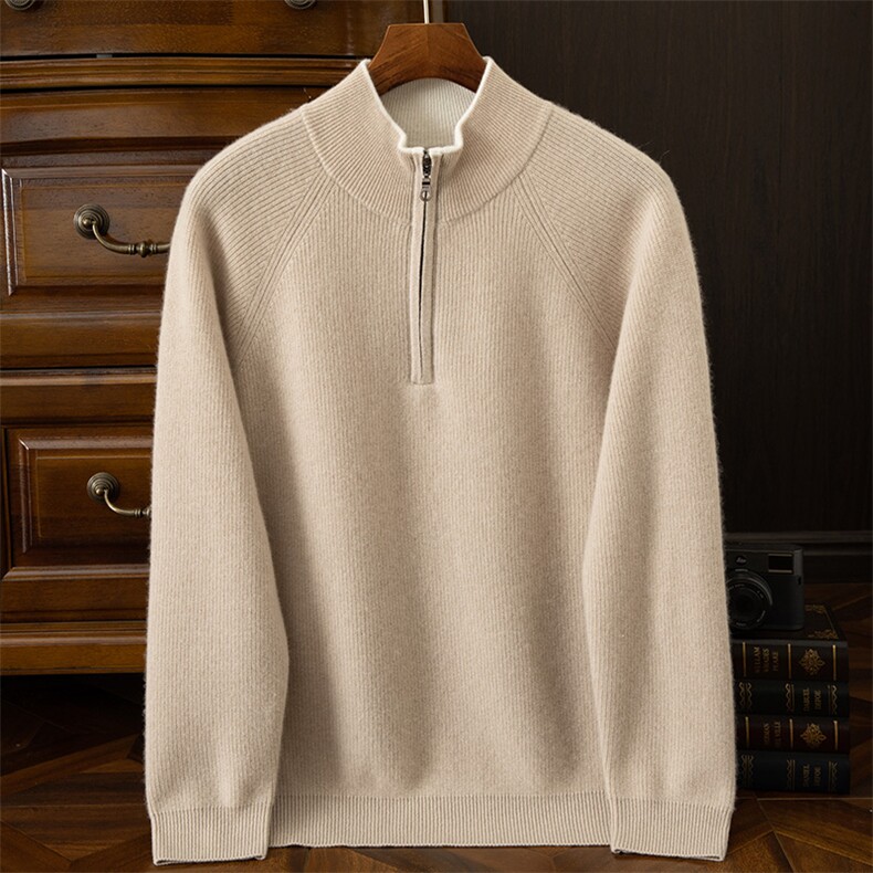 秋冬新款百搭纯色简约元宝针拉链半开套头羊绒衫，男装羊绒套衫，绒之心羊绒