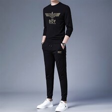 中年印花套装男士春秋季休闲新款中老年爸爸秋装圆领卫衣男两件套，男装休闲套装，电商B212（原钱塘6029）