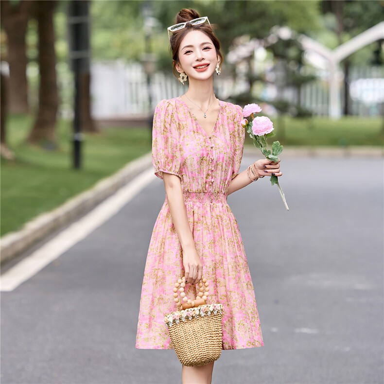温柔甜美气质印花连衣裙女2025夏季时尚松紧收腰显瘦小个子A字裙,女装连衣裙,布芭啦