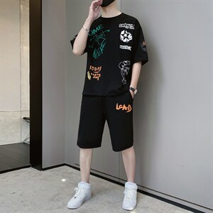 夏季潮流时尚T恤男装青少年宽松休闲圆领套装两件套F307P58，男装休闲套装，电商A086