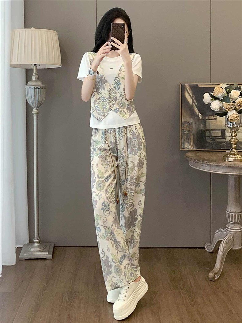 设计感时尚气质简约套装女夏圆领印花马甲假两件套阔腿长裤两件套,女装套装/套裙,江南