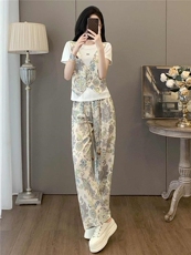 设计感时尚气质简约套装女夏圆领印花马甲假两件套阔腿长裤两件套，女装套装/套裙，江南