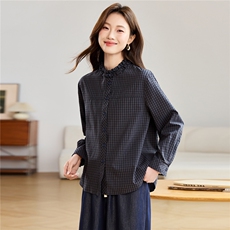 纯棉格子开春衬衫女款2026新款木耳立领休闲减龄上衣，女装衬衫，忆绮罗