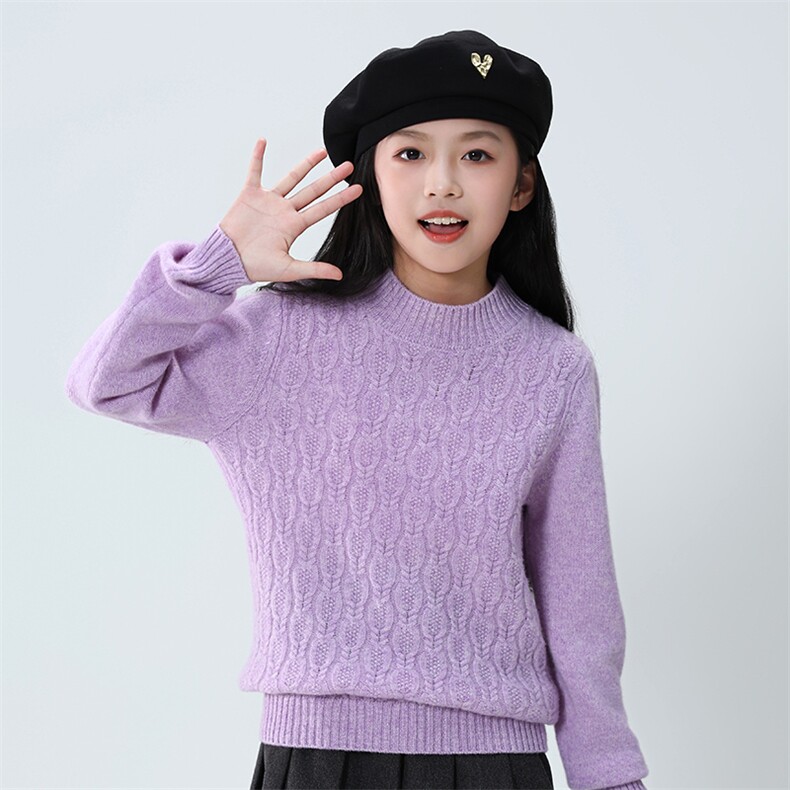 新款儿童羊毛衫女童秋冬季保暖加厚拼色绞花毛衣圆领柔软舒适,童装儿童羊毛衫,凯旺羊绒