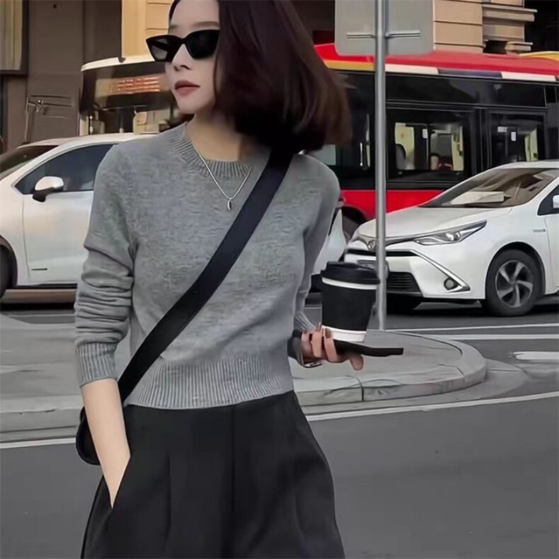 时尚百搭短款圆领羊毛衫简约显瘦女士针织毛衣秋季必备单品,女装羊毛衫,泰沅羊绒