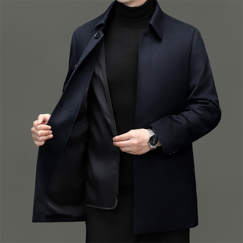 高端中年山羊绒白鹅绒内胆大衣男秋冬中老年山羊绒休闲外套，男装毛呢大衣，钱塘723