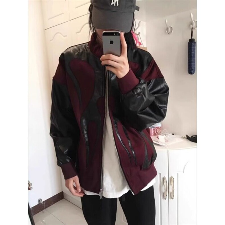 酒红色美式高街飞行员夹克外套高级感痞帅拼接棒球服JKJ31特P73,男装夹克,星座908-1