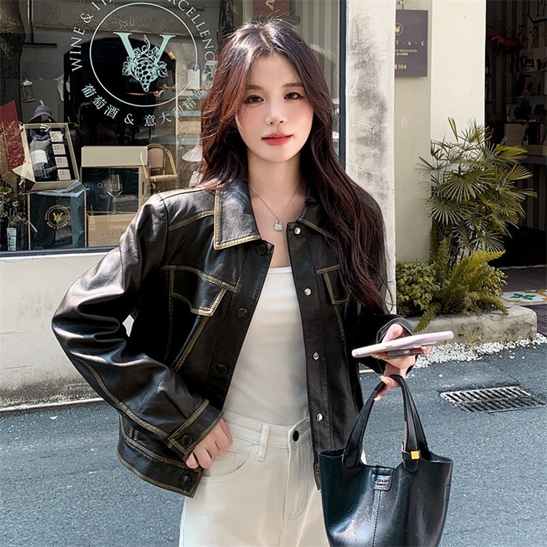棕色皮衣外套女2025新春新款小个子港风复古皮夹克美拉德机车外套,女装皮衣,韩蜜菓