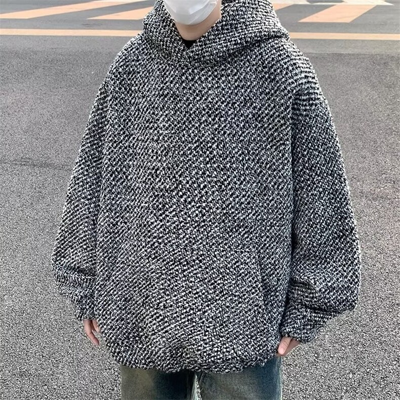 小香风连帽卫衣男2024冬粗花呢宽松长袖上衣WB365-常规45-加绒55,男装卫衣,星座412-2