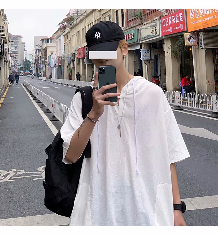 连帽五分袖t恤男ins超火网红港风潮嘻哈宽松百搭短袖卫衣4390-p35，男装T恤，星座1008-2