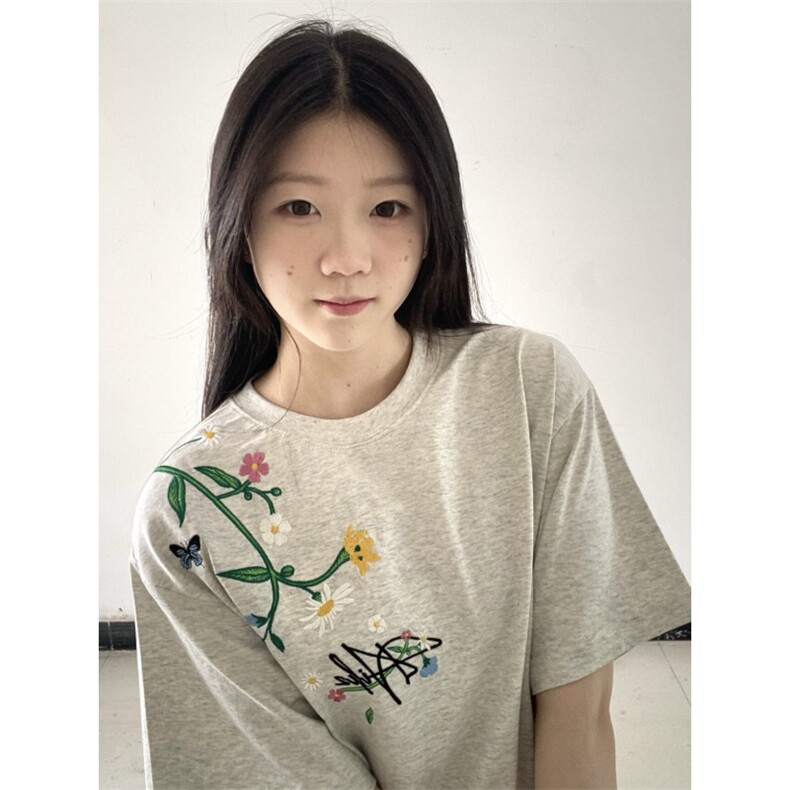 H1005-P38高版本#前后刺绣内里铺布宽松休闲短袖T恤男女同款图片