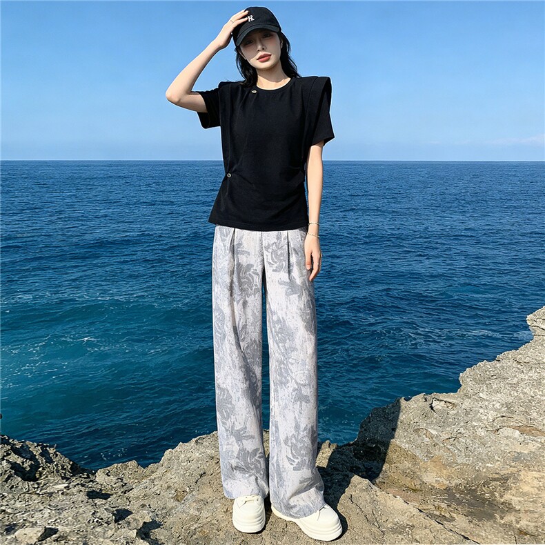 时尚简约套装女夏新款收腰显瘦圆领开叉不规则短袖印花长裤两件套,女装套装/套裙,江南