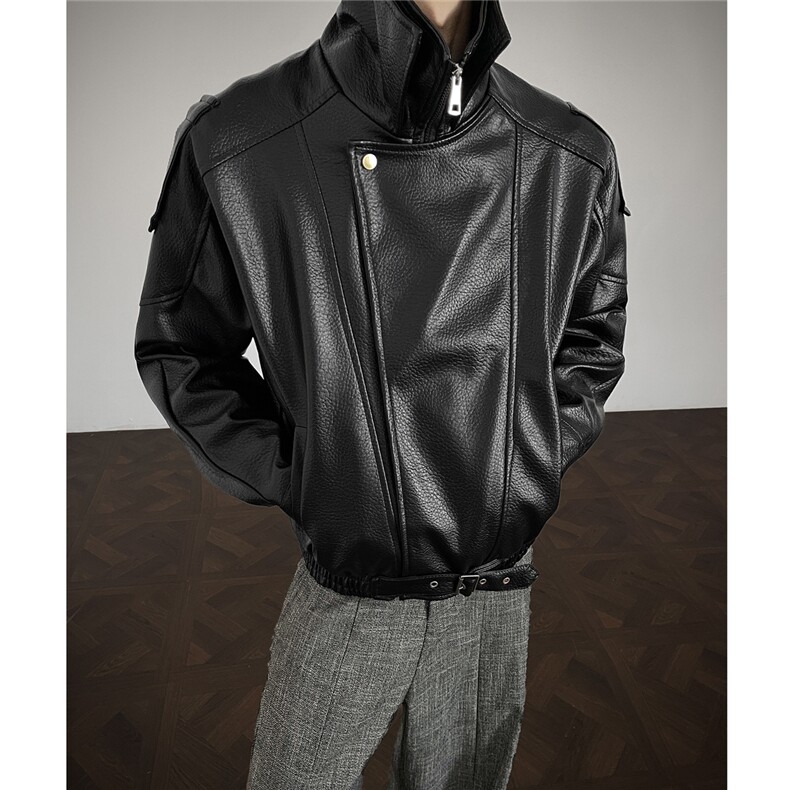 荔枝纹双层领廓形大码M-5XL机车面层PU皮衣JK78095特P118控，男装皮衣，星座227-7