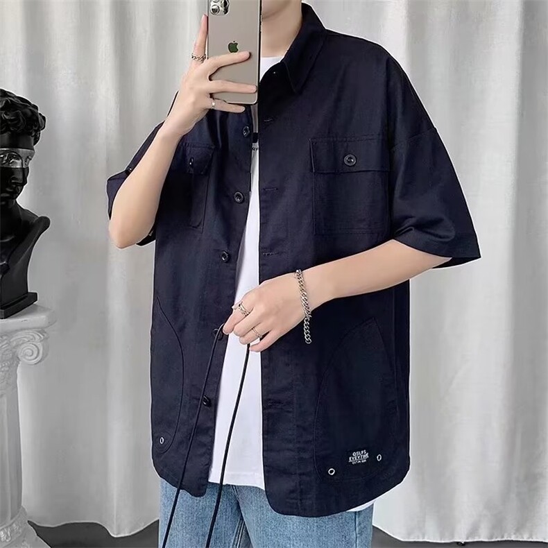 新款工装短袖男潮牌潮流美式复古宽松设计感衬衫T恤男CS0227-P38,男装衬衫,星座308B-1