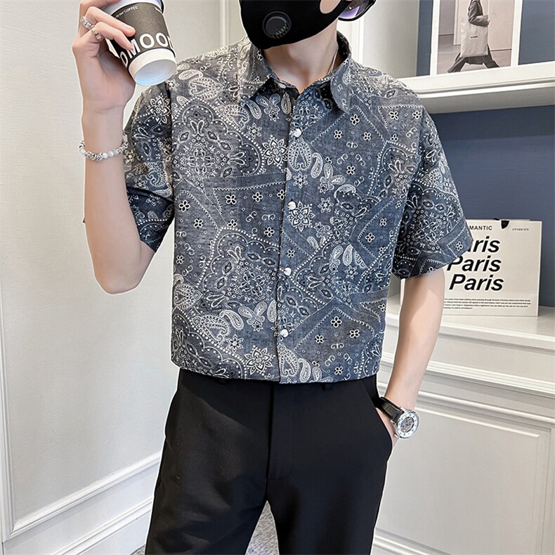 夏季印花短袖衬衫男士社会小伙潮痞帅半袖微宽松衬衣TZ94P50控78图片