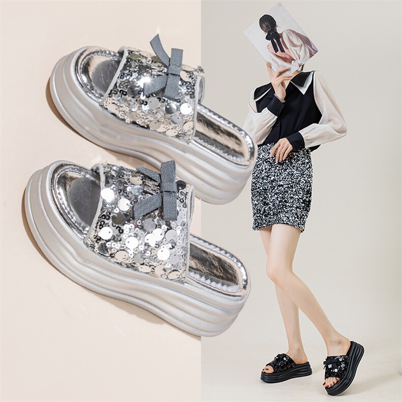 厚底拖鞋鞋女夏户外2024夏季新款时尚百搭银色亮片松糕一字凉拖鞋，女鞋拖鞋，电商A223