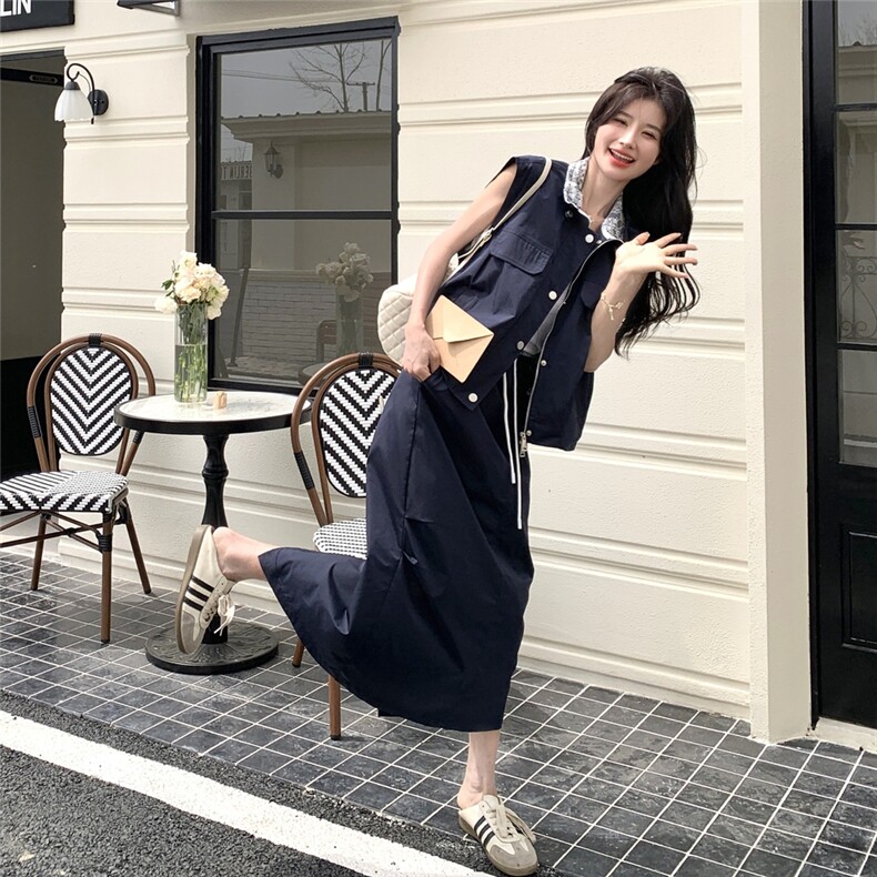 2025夏季藏青色时尚淡人穿搭套装女蕾丝拼接立领上衣半身裙两件套,女装套装/套裙,2C323