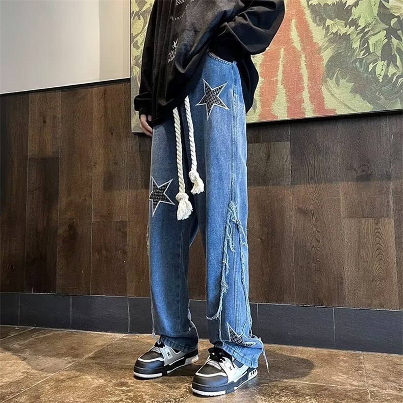 美式高街设计感星星刺绣水洗牛仔裤男女潮牌嘻哈宽松垂感阔腿长裤,男装牛仔裤,四季星座218-1