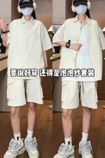 泡泡纱短袖衬衫男装小众高级感穿搭套装夏季薄款宽松大码工装短裤，男装休闲套装，电商B371