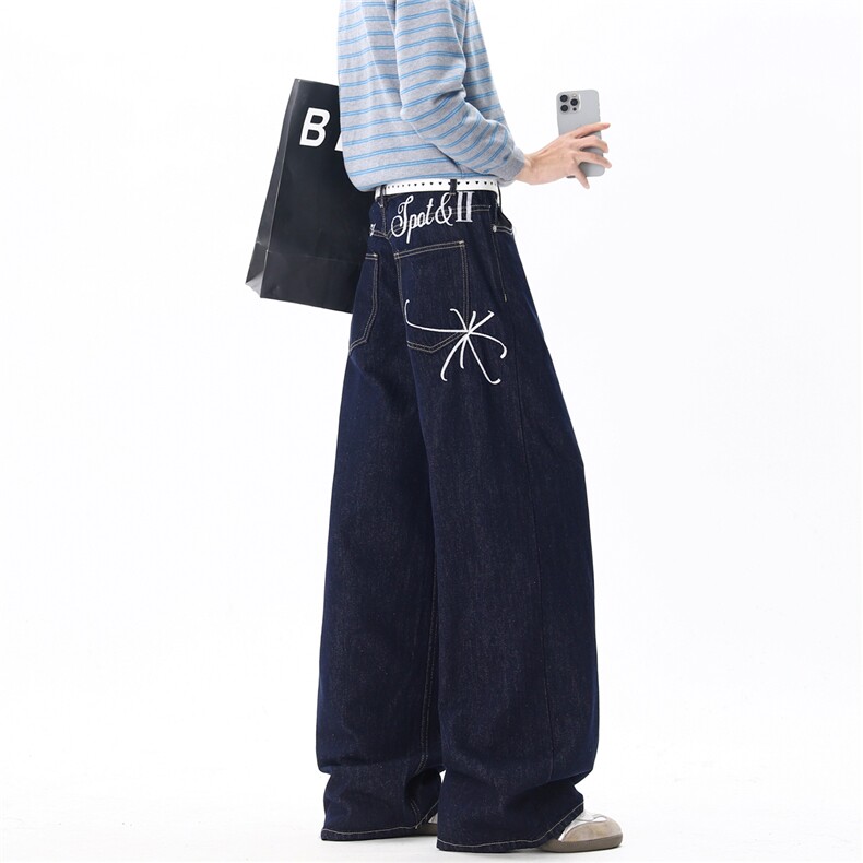 【现货】XZ612-C666-特P49春款美式字母刺绣牛仔裤深蓝宽松裤子,男装牛仔裤,星座612