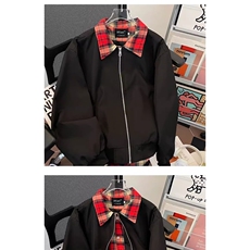 5211-P602025美式复古格子拼接假两件夹克男女设计感情侣工装，男装夹克，电商B323A