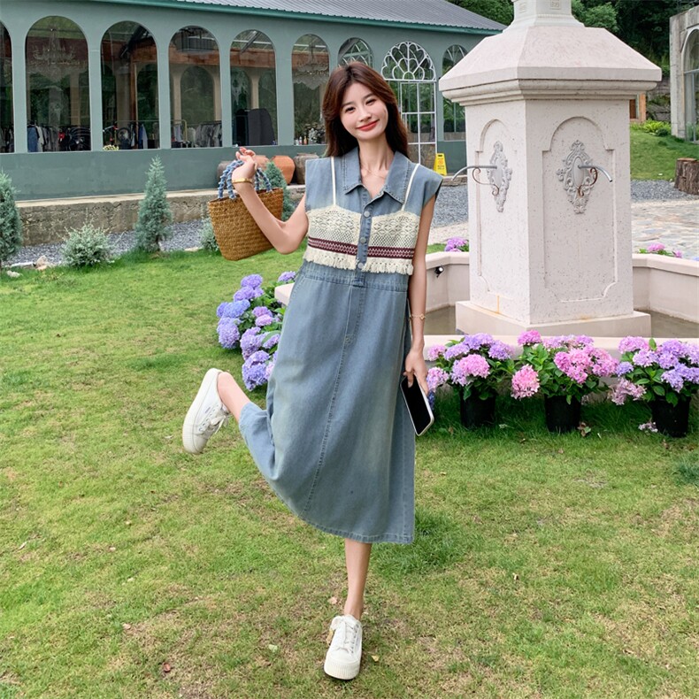 法式蓝色针织拼接牛仔连衣裙女夏2025新款收腰显瘦绝美气质长裙子,女装套装/套裙,2C279