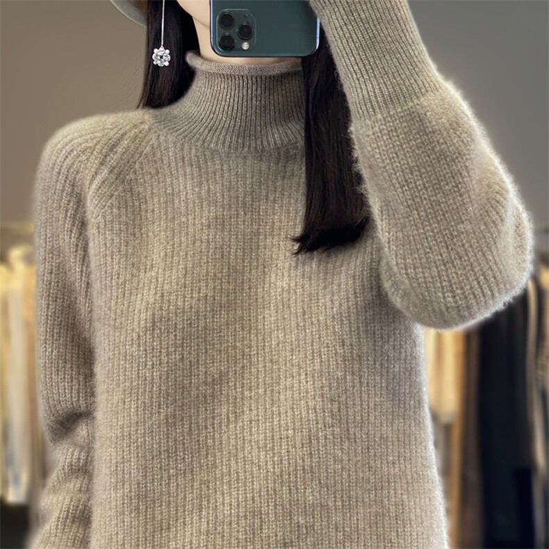 秋冬半高领100%纯羊毛衫女卷边加厚长袖毛衣宽松羊绒针织打底上衣,女装羊毛衫,九嘉羊绒
