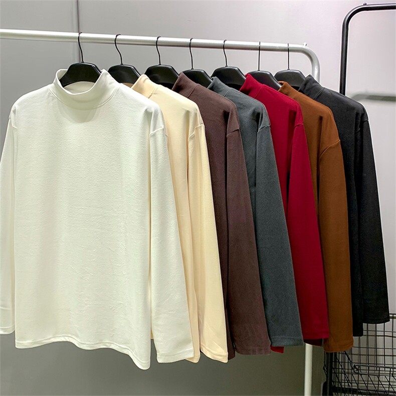 抖音得物品质260克精梳德绒保暖长袖T恤纯色半高领打底针织衫DR01，男装T恤，电商A486
