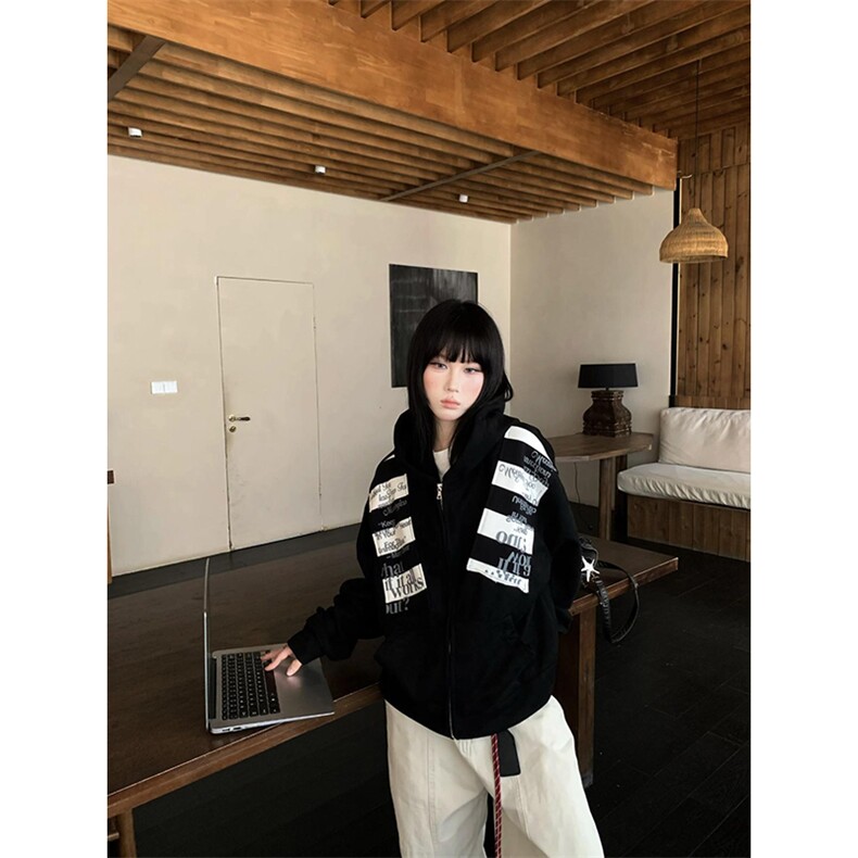 高品质春装新款美式高街潮牌解构设计休闲连帽卫衣男女慵懒风外套,女装短外套,电商A443