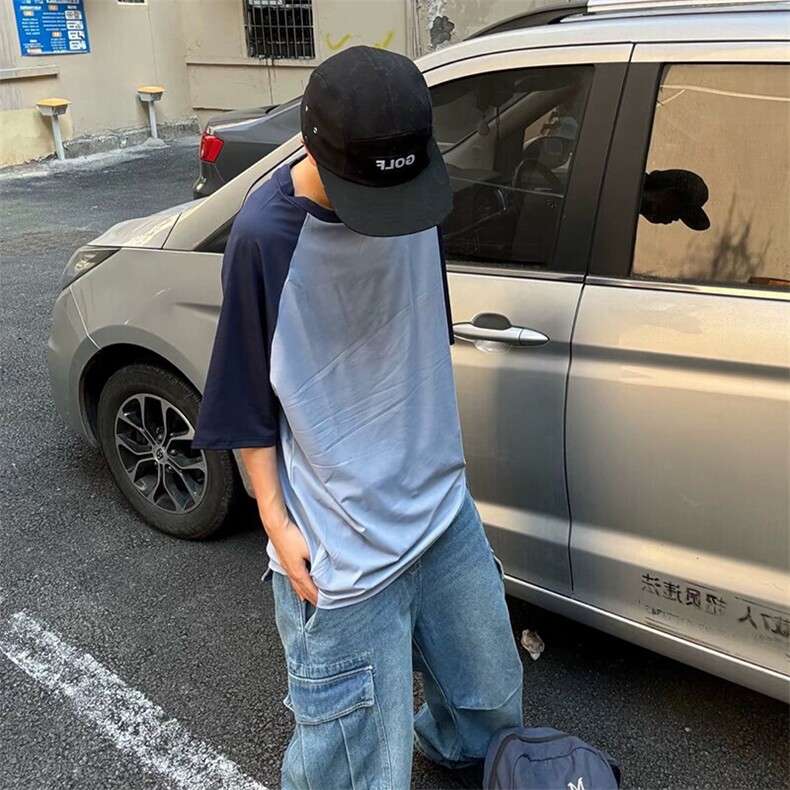 抖音得物高品质二开240克宽松纯棉美式潮牌插肩袖拼接短袖T恤,男装T恤,电商A486