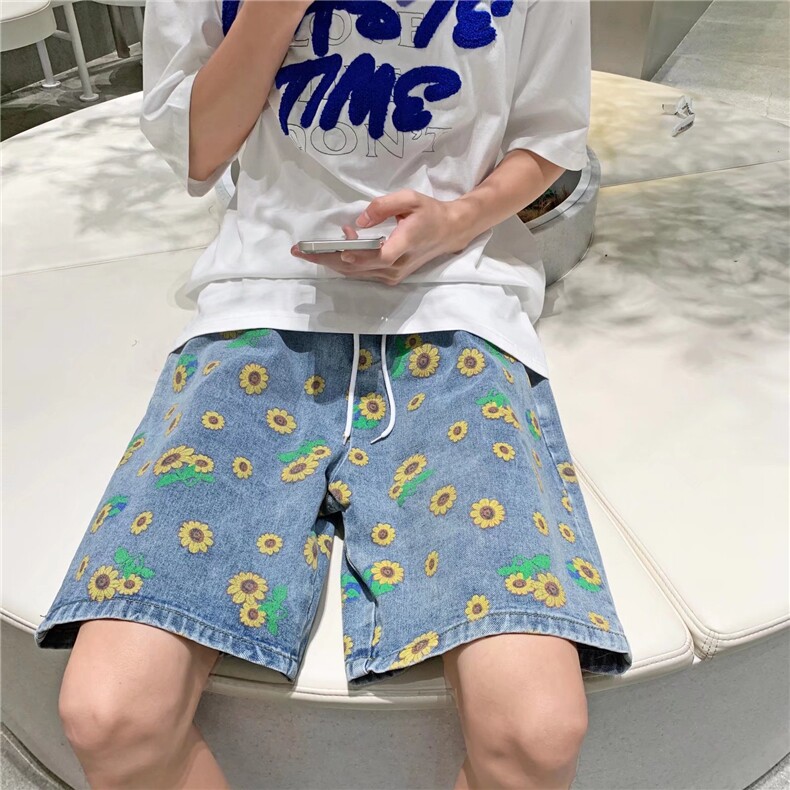 夏季ins小雏菊印花休闲牛仔短裤男女韩版宽松痞帅五分裤dk505-p40,男装牛仔裤,星座1008