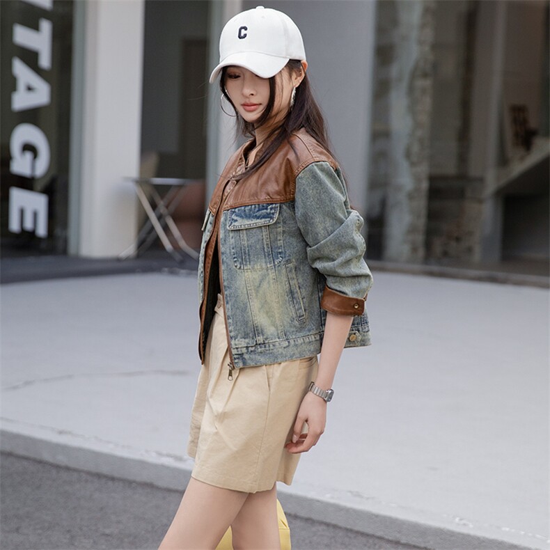 复古拼接牛仔外套女2025春秋新款韩版宽松小个子休闲短款夹克上衣，女装牛仔外套，江南女神