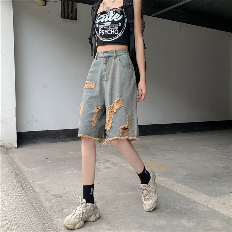 夏季美式高街毛边潮流牛仔短裤女宽松炸街破洞五分裤D7044-p36,男装牛仔裤,星座1008-2
