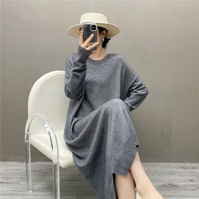 HE|轻奢简约baby山羊绒针织连衣裙女中长款圆领毛衣宽松长裙，女装连衣裙，国旺羊绒