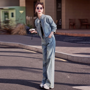 休闲牛仔时尚套装女春秋装2025新款减龄洋气复古直筒阔腿裤两件套图片