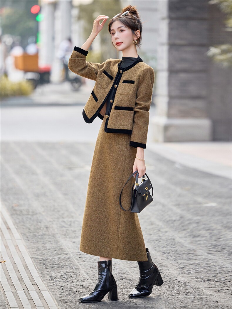 韩系复古小香风撞色毛呢外套女秋冬2025新款巨好看独特高级感上衣,女装套装/套裙,众宇琦