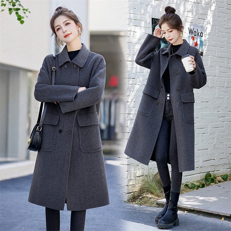 现货2023年秋冬季新款女装时尚休闲气质双排扣双面羊毛大衣女，女装双面呢大衣，关键词