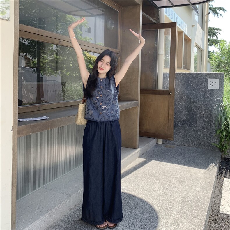 新款现货主推提花上衣+薄款牛仔阔腿裤套装2595-P155-K228,女装套装/套裙,2C129