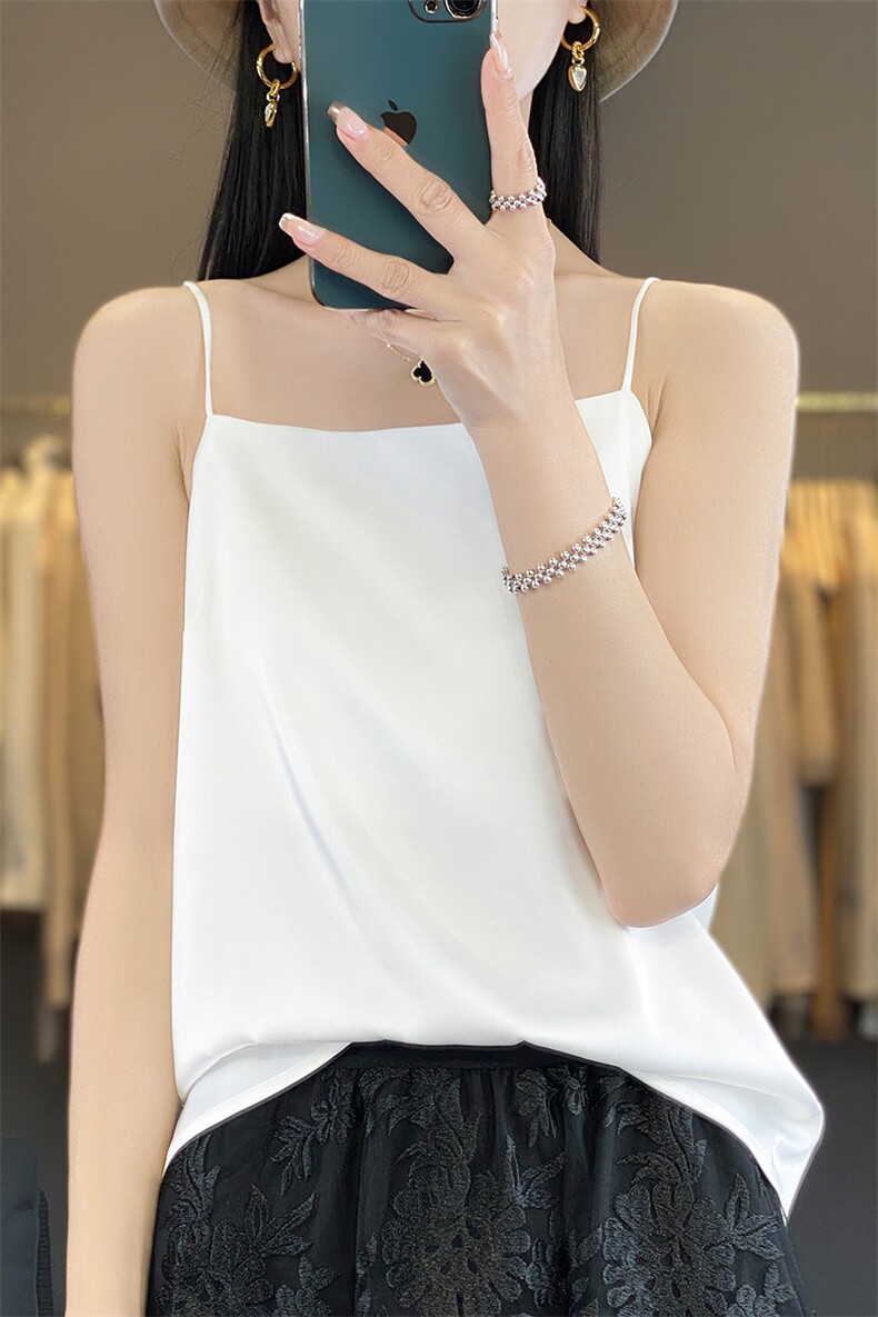 夏季新款醋酸真丝绸面一字领吊带女宽松百搭无袖背心纯色套头上衣,女装背心吊带,朝贺羊绒