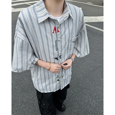 刺绣条纹设计感短袖衬衫男女春韩版衬衣宽松休闲外套CY1085-P39，男装衬衫，星座412-3
