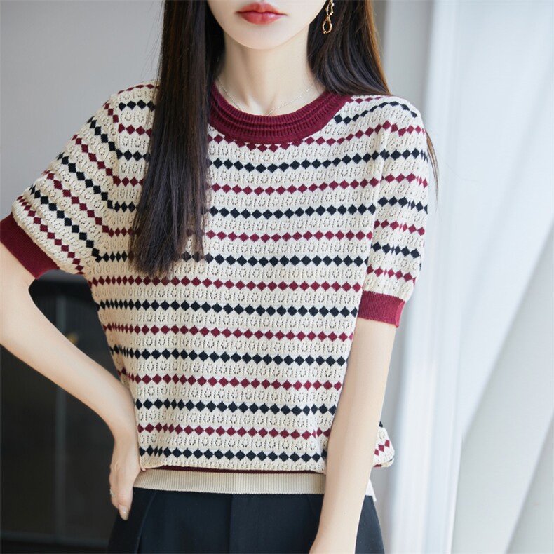镂空条纹短袖t恤女夏季2025新款打底衫洋气大码女装纯棉针织上衣,女装T恤,秋双羊绒