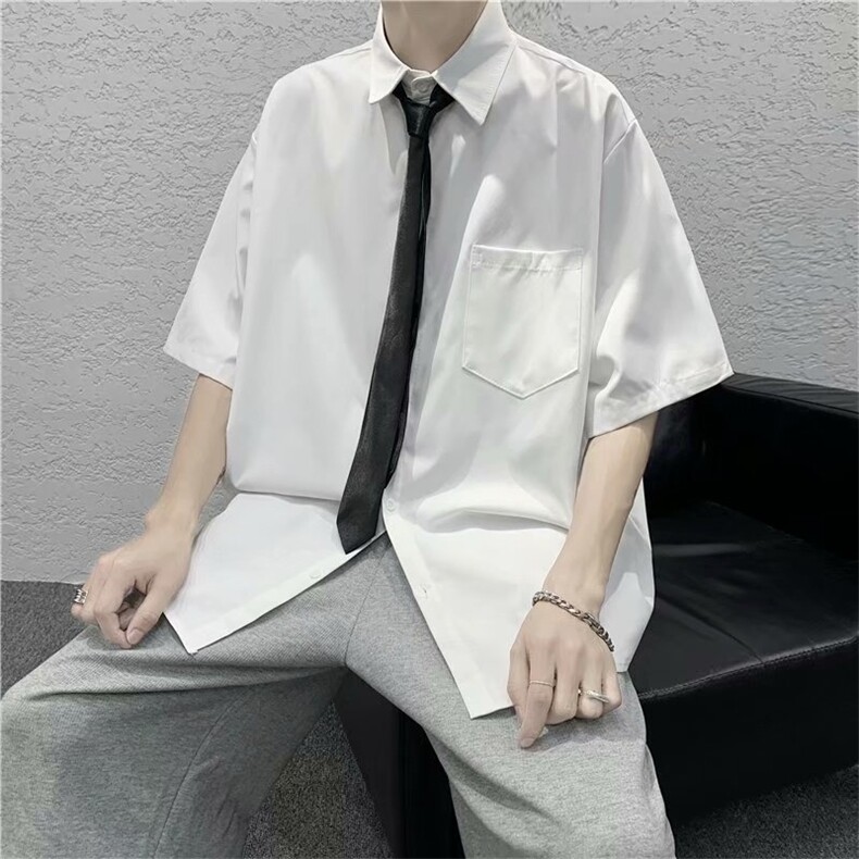 无领带夏季薄款短袖衬衫男港风宽松班服DK学院风衬衣C2002/P25，男装衬衫，电商D202-1